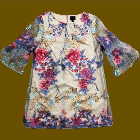 Eci Dresses | Beige by Eci Floral Embroidered Mesh Dress Size 12 | Color: Cream/Pink | Size: 12 | Trirachel86'S Closet